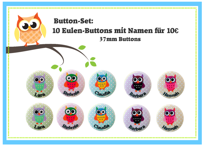 Button Set*** 10 Namensbuttons Eulen /Eule - zum Schließen ins Bild klicken